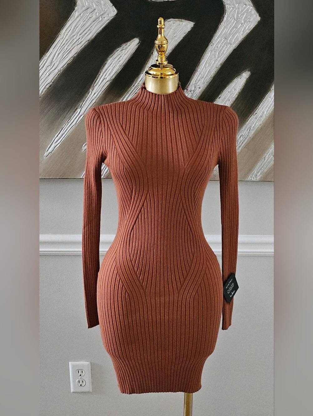 Lulus Womens Small Brown Ribbed Knit Mock Neck Bodycon Sweater Mini Dress
